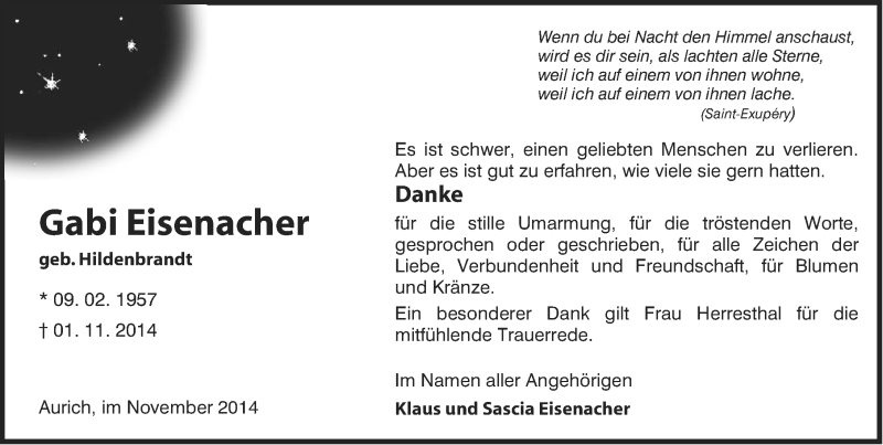  Traueranzeige für Gabi Eisenacher vom 21.11.2014 aus Ostfriesischer Kurier
