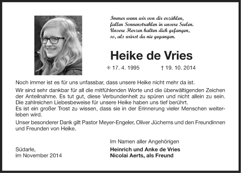 Traueranzeige für Heike de Vries vom 21.11.2014 aus Ostfriesischer Kurier