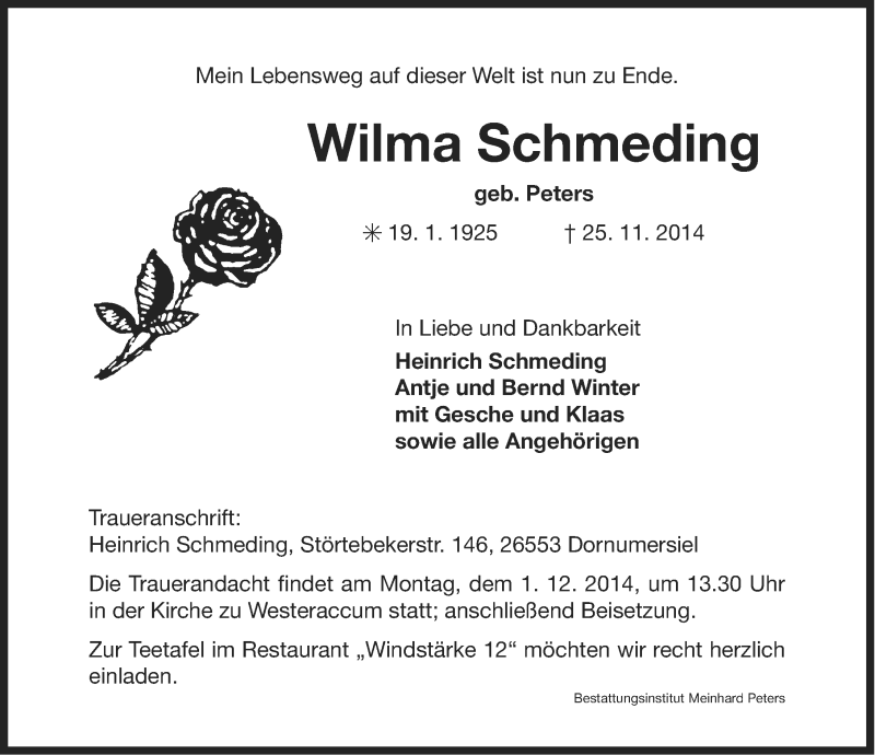 Traueranzeigen von Wilma Schmeding | OK-Trauer.de