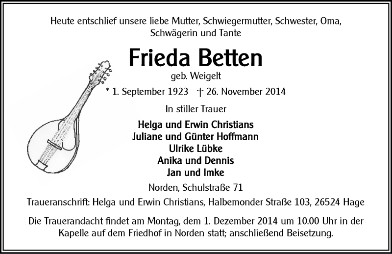  Traueranzeige für Frieda Betten vom 29.11.2014 aus Ostfriesischer Kurier