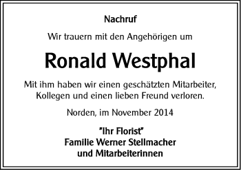 Traueranzeige von Ronald Westphal von Ostfriesischer Kurier