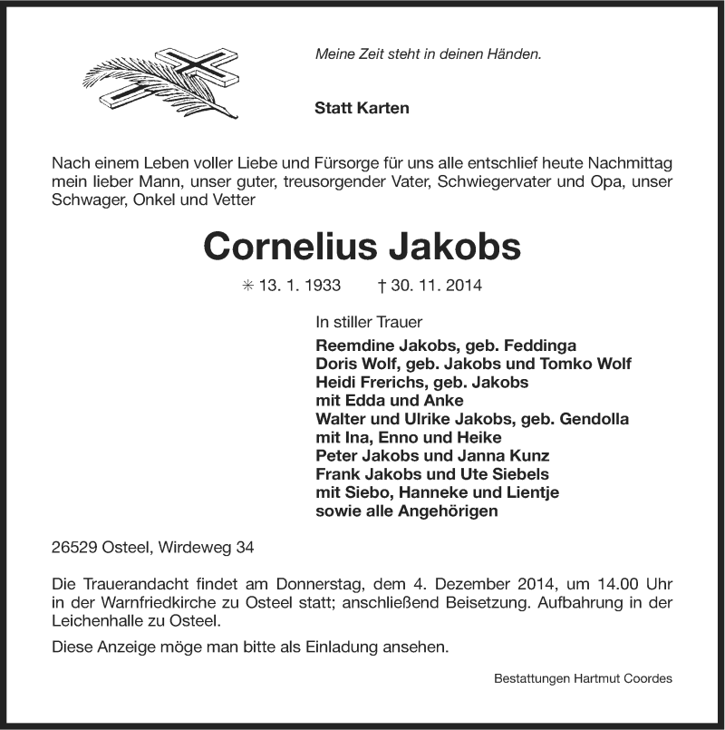  Traueranzeige für Cornelius Jakobs vom 02.12.2014 aus Ostfriesischer Kurier