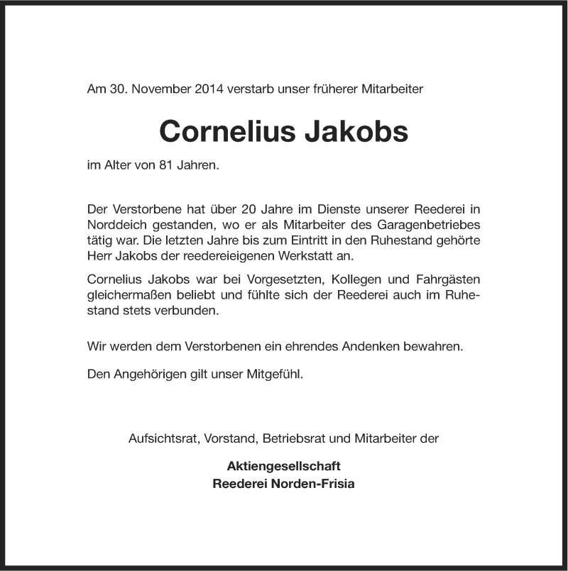  Traueranzeige für Cornelius Jakobs vom 04.12.2014 aus Ostfriesischer Kurier