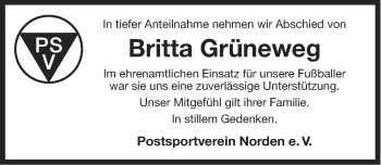 Traueranzeige von Britta Grüneweg von Ostfriesischer Kurier