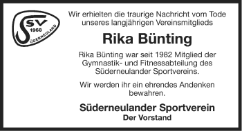 Traueranzeige von Rika Bünting von Ostfriesischer Kurier