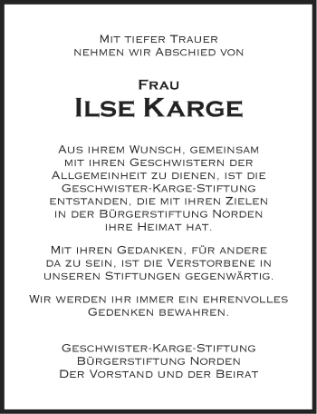 Traueranzeige von Ilse Karge von Ostfriesischer Kurier