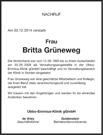 Traueranzeige von Britta Grüneweg von Ostfriesischer Kurier