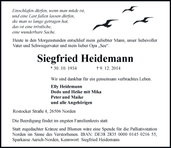 Traueranzeige von Siegfried Heidemann von Ostfriesischer Kurier