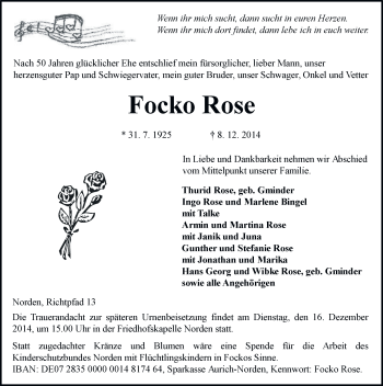 Traueranzeige von Focko Rose von Ostfriesischer Kurier