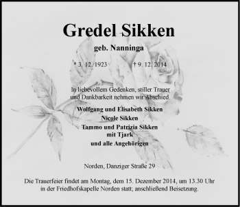 Traueranzeige von Gredel Sikken von Ostfriesischer Kurier