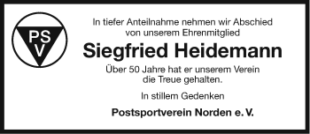 Traueranzeige von Siegfried Heidemann von Ostfriesischer Kurier