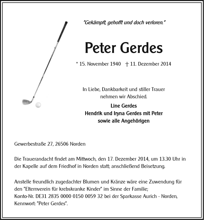  Traueranzeige für Peter Gerdes vom 13.12.2014 aus Ostfriesischer Kurier