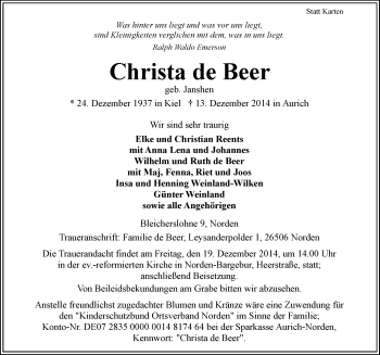 Traueranzeige von Christa de Beer von Ostfriesischer Kurier
