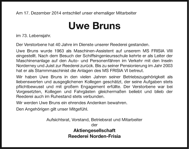  Traueranzeige für Uwe Bruns vom 19.12.2014 aus Ostfriesischer Kurier