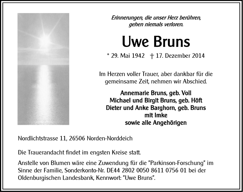  Traueranzeige für Uwe Bruns vom 19.12.2014 aus Ostfriesischer Kurier