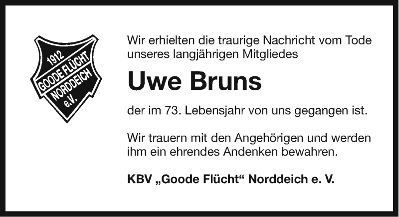  Traueranzeige für Uwe Bruns vom 23.12.2014 aus Ostfriesischer Kurier
