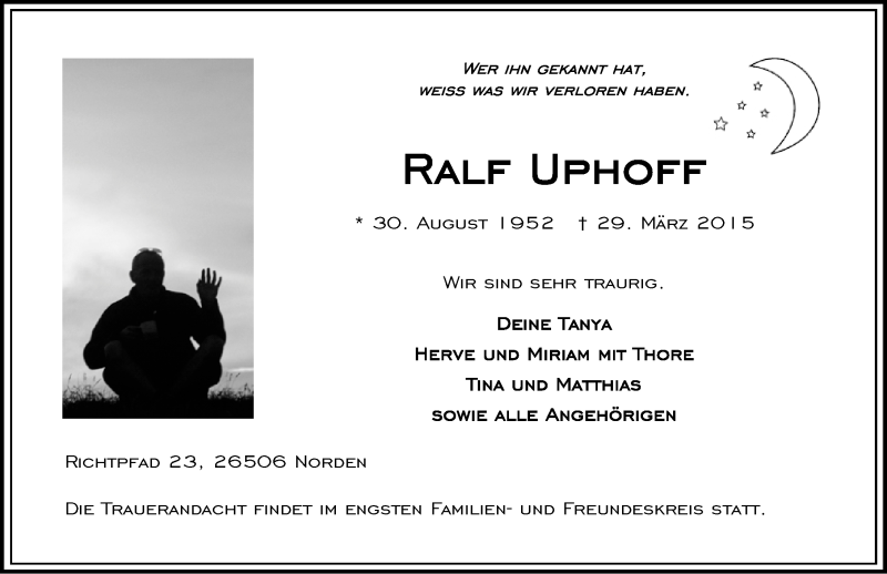  Traueranzeige für Ralf Uphoff vom 31.03.2015 aus Ostfriesischer Kurier