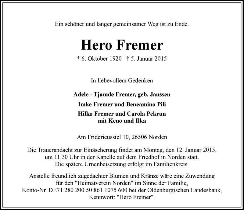  Traueranzeige für Hero Fremer vom 07.01.2015 aus Ostfriesischer Kurier
