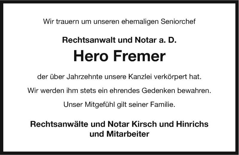 Traueranzeige für Hero Fremer vom 09.01.2015 aus Ostfriesischer Kurier