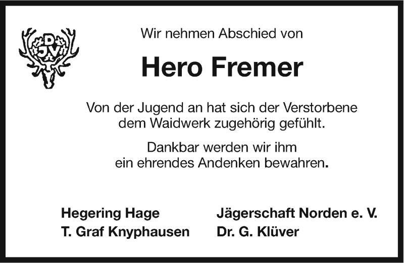  Traueranzeige für Hero Fremer vom 09.01.2015 aus Ostfriesischer Kurier