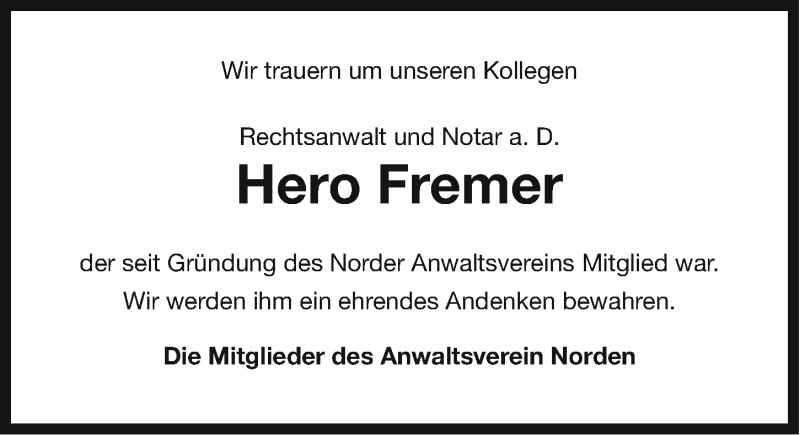  Traueranzeige für Hero Fremer vom 10.01.2015 aus Ostfriesischer Kurier