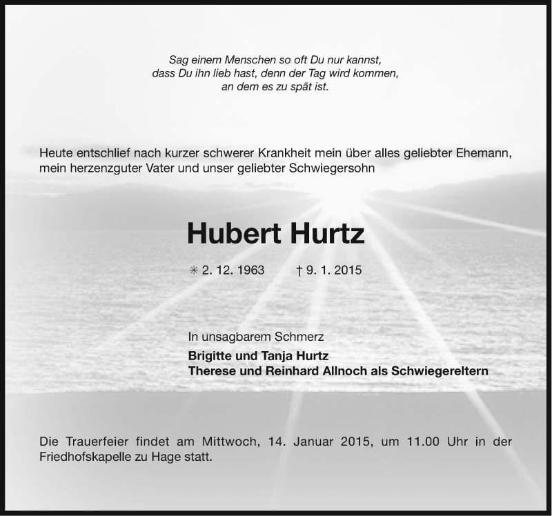  Traueranzeige für Hubert Hurtz vom 10.01.2015 aus Ostfriesischer Kurier