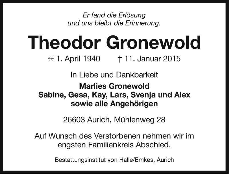  Traueranzeige für Theodor Gronewold vom 13.01.2015 aus Ostfriesischer Kurier
