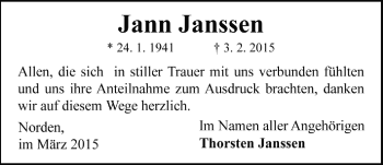 Traueranzeige von Jann Poppen von Ostfrisischer Kurier