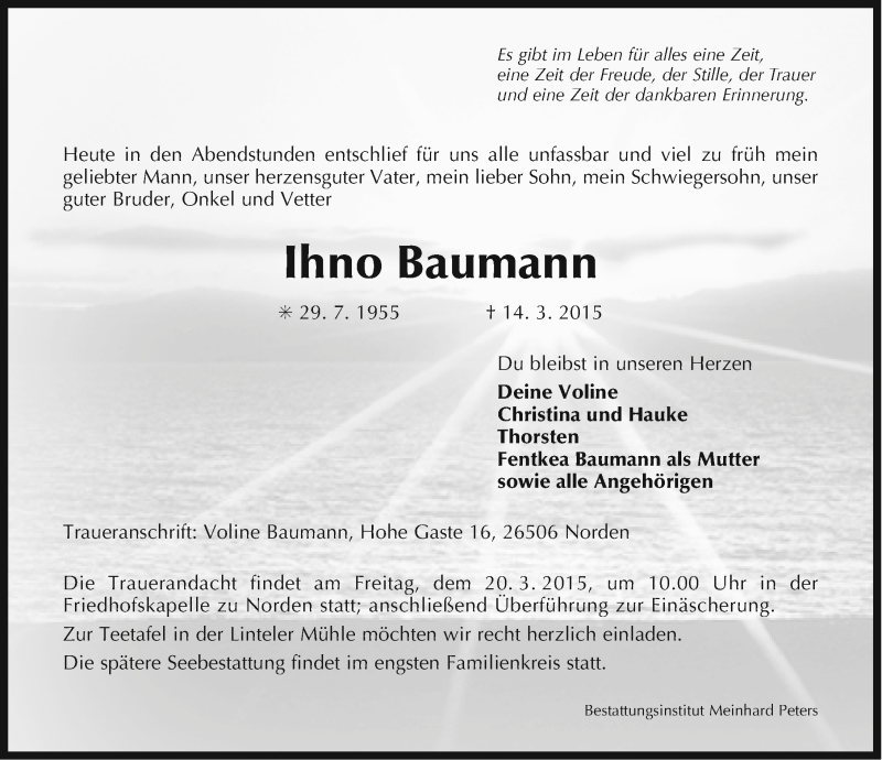  Traueranzeige für Ihno Baumann vom 18.03.2015 aus Ostfriesischer Kurier