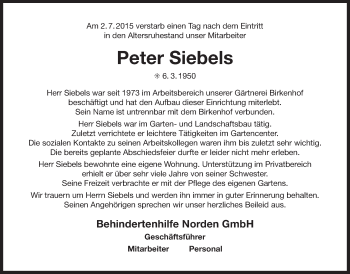 Traueranzeige von Peter Siebels 
