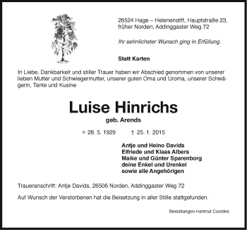 Traueranzeige von Luise Hinrichs von Ostfriesischer Kurier