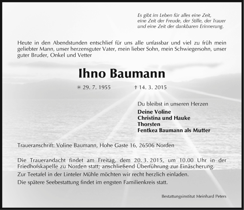  Traueranzeige für Ihno Baumann vom 17.03.2015 aus Ostfriesischer Kurier