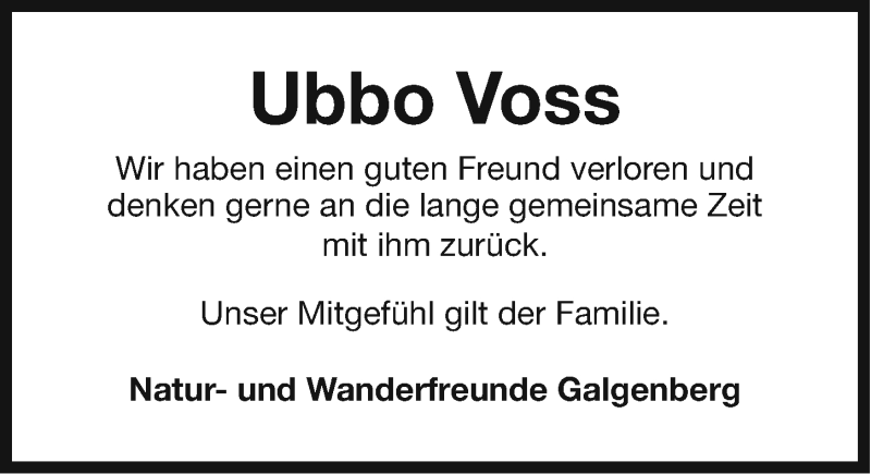  Traueranzeige für Ubbo Voss vom 24.02.2015 aus Ostfriesischer Kurier