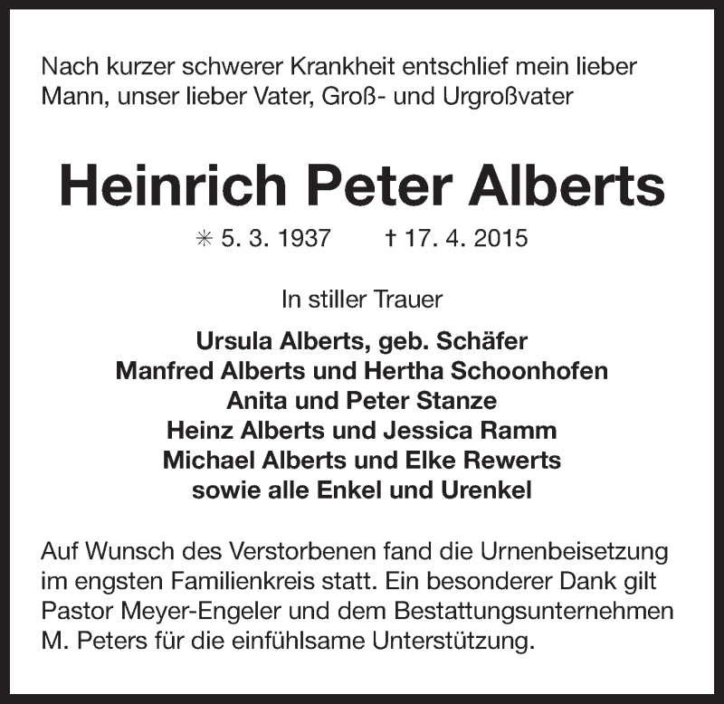  Traueranzeige für Heinrich Peter Alberts vom 16.05.2015 aus Ostfrisischer Kurier