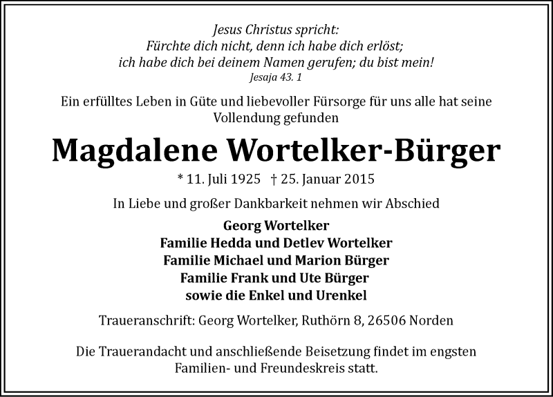  Traueranzeige für Magdalene Wortelker-Bürger vom 29.01.2015 aus Ostfriesischer Kurier