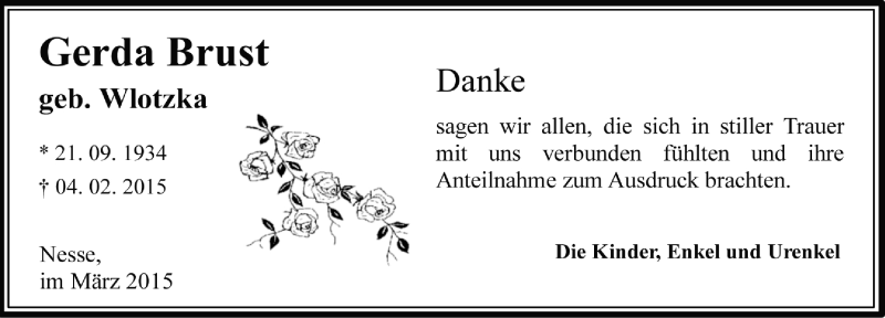  Traueranzeige für Gerda Brust vom 07.03.2015 aus Ostfrisischer Kurier