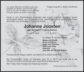 Traueranzeige von Johanne Joosten 