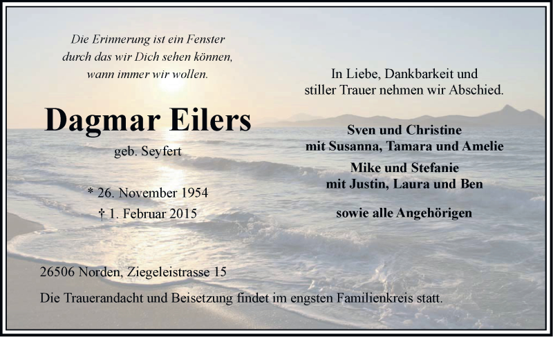  Traueranzeige für Dagmar Eifers vom 02.02.2015 aus Ostfriesischer Kurier