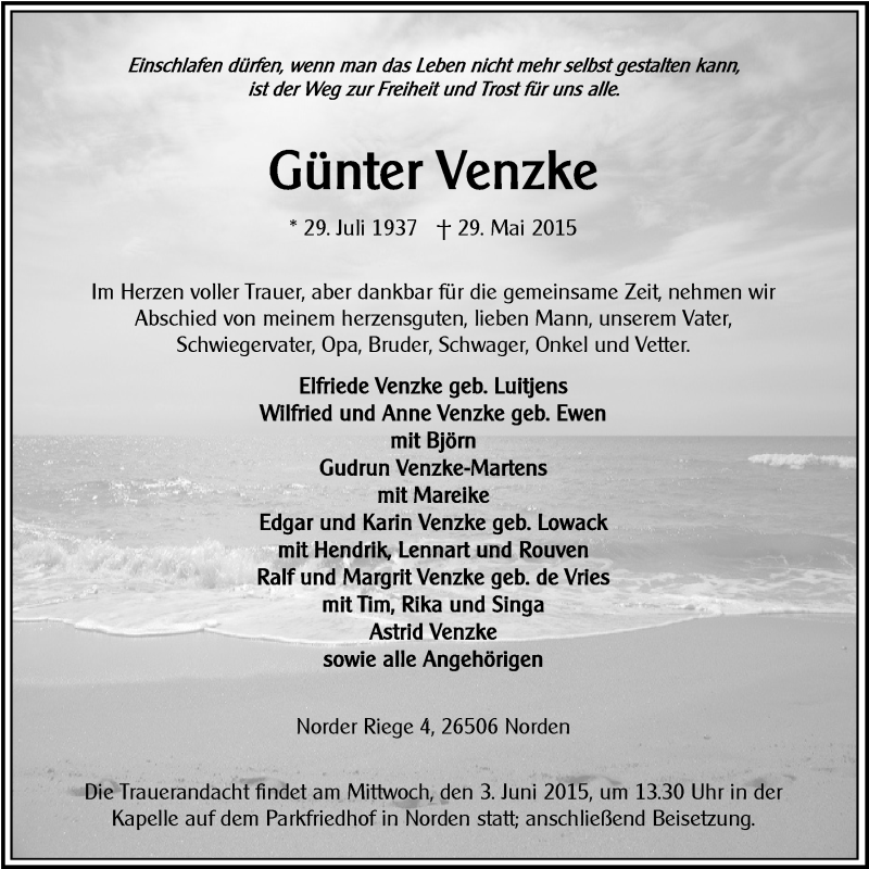  Traueranzeige für Günter Venzke vom 01.06.2015 aus 