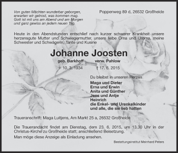 Traueranzeige von Johanne Joosten 