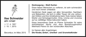 Traueranzeige von Ilse Schneider von Ostfriesischer Kurier