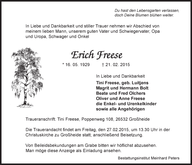  Traueranzeige für Erich Freese vom 23.02.2015 aus Ostfriesischer Kurier