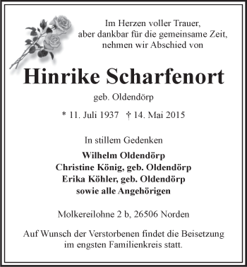 Traueranzeige von Hinrike Scharfenort von Ostfrisischer Kurier