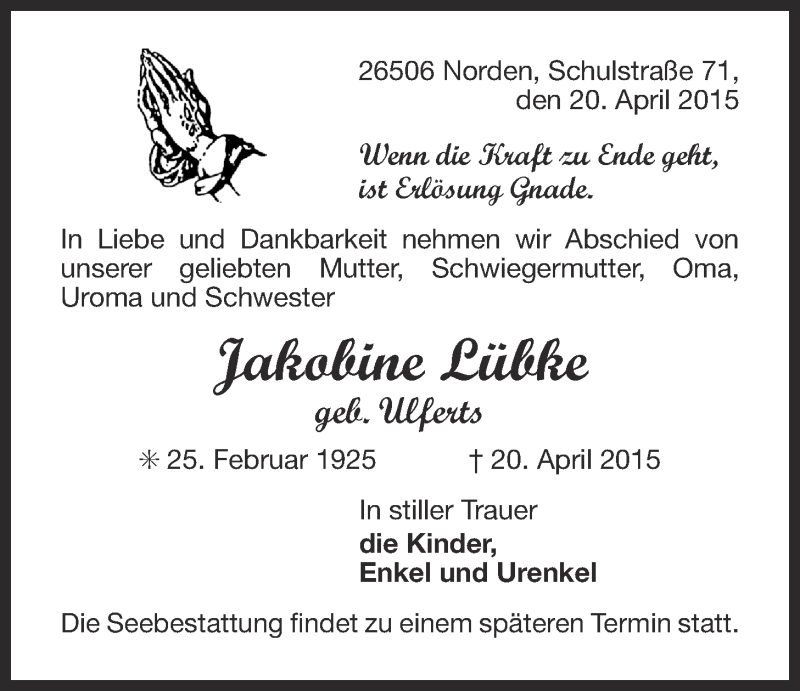  Traueranzeige für Jakobine Lübke vom 22.04.2015 aus 