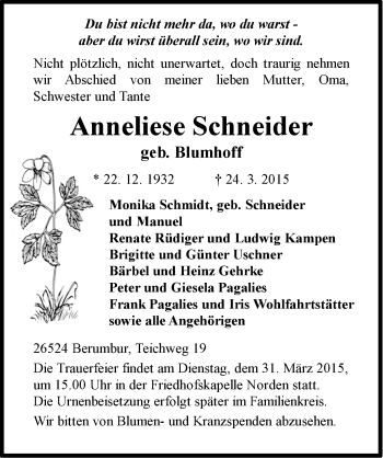 Traueranzeige von Anneliese Schneider von Ostfriesischer Kurier