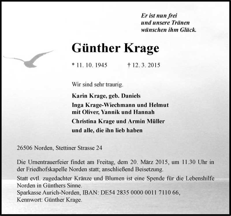  Traueranzeige für Günther Krage vom 14.03.2015 aus Ostfriesischer Kurier