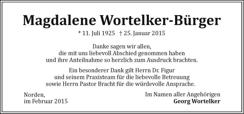  Traueranzeige für Magdalene Wortelker-Bürger vom 27.02.2015 aus Ostfriesischer Kurier