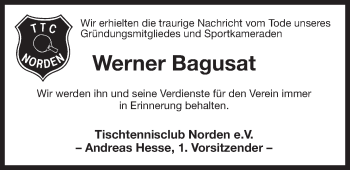 Traueranzeige von Werner Bagusat 