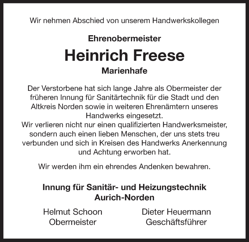  Traueranzeige für Heinrich Freese vom 27.05.2015 aus 