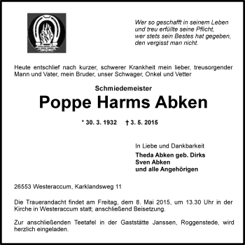 Traueranzeige von Poppe Harms Abken 